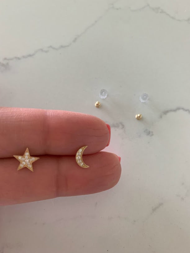 14k Gold Moon and Star Studs | Screw Backs | CZ Moon and Star | Minimalist Studs