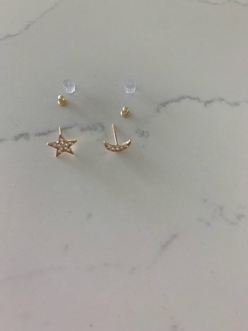 14k Gold Moon and Star Studs | Screw Backs | CZ Moon and Star | Minimalist Studs