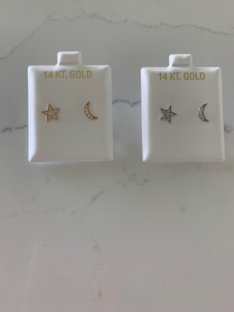 14k Gold Moon and Star Studs | Screw Backs | CZ Moon and Star | Minimalist Studs