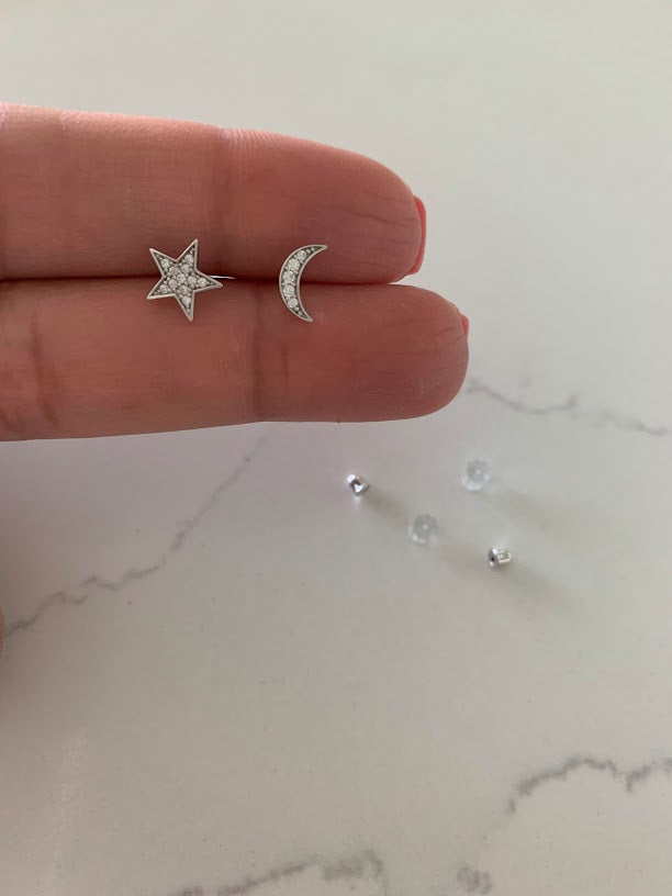14k Gold Moon and Star Studs | Screw Backs | CZ Moon and Star | Minimalist Studs