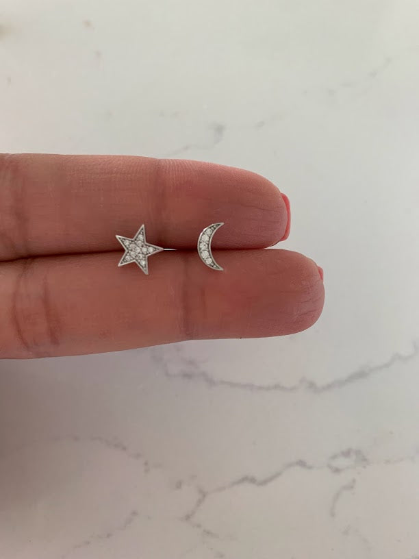 14k Gold Moon and Star Studs | Screw Backs | CZ Moon and Star | Minimalist Studs