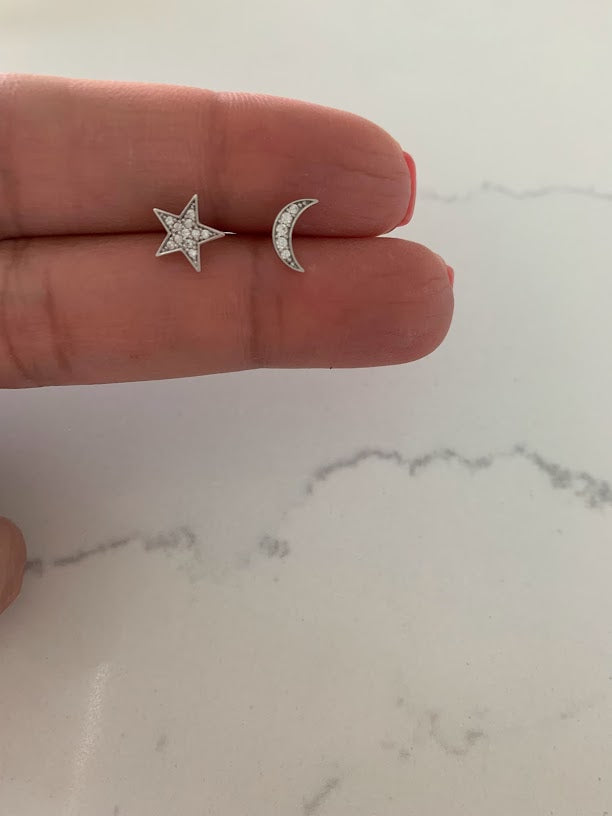 14k Gold Moon and Star Studs | Screw Backs | CZ Moon and Star | Minimalist Studs