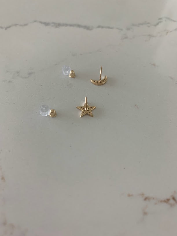 14k Gold Moon and Star Studs | Screw Backs | CZ Moon and Star | Minimalist Studs