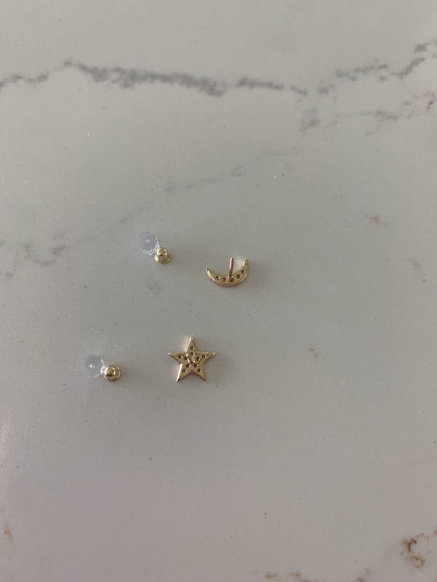 14k Gold Moon and Star Studs | Screw Backs | CZ Moon and Star | Minimalist Studs