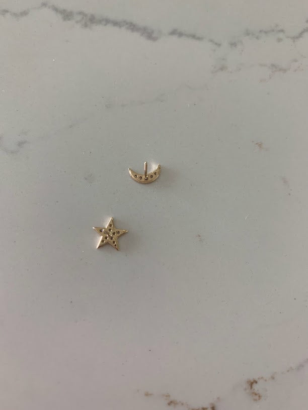 14k Gold Moon and Star Studs | Screw Backs | CZ Moon and Star | Minimalist Studs