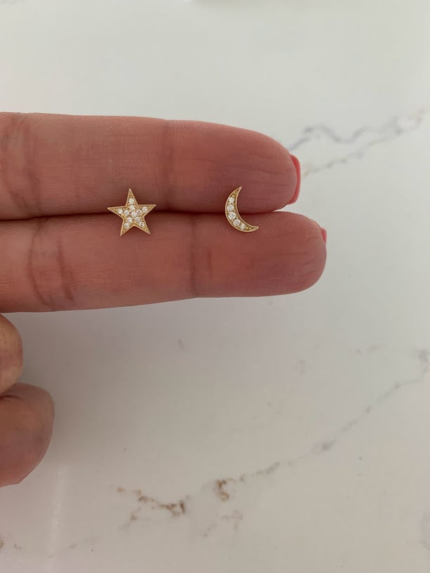 14k Gold Moon and Star Studs | Screw Backs | CZ Moon and Star | Minimalist Studs