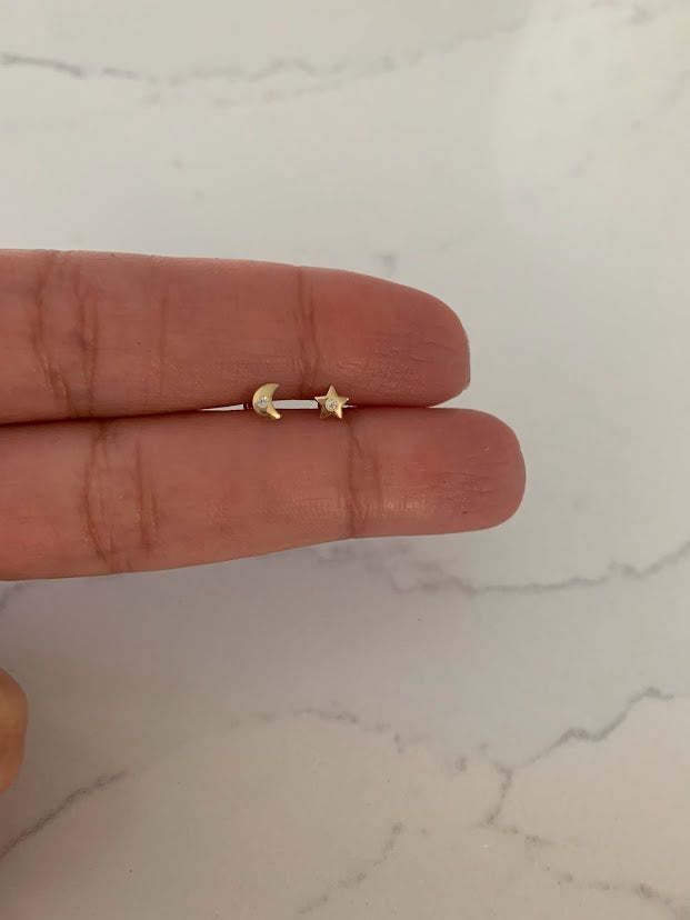 14K Gold Tiny Moon & Star Studs Earrings, Star Earrings, Starburst Gold Studs, Celestial Earrings, 14K Gold Earrings, Moon Earrings