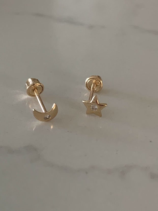 14K Gold Tiny Moon & Star Studs Earrings, Star Earrings, Starburst Gold Studs, Celestial Earrings, 14K Gold Earrings, Moon Earrings