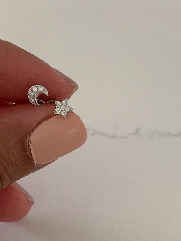 14K White Gold and Yellow Gold Tiny Moon & Star Studs Earrings, Star Earrings, Starburst White Gold Studs, 14K White Gold Earrings, Moon Earrings