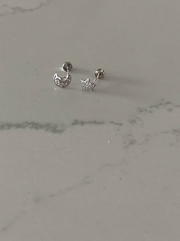 14K White Gold and Yellow Gold Tiny Moon & Star Studs Earrings, Star Earrings, Starburst White Gold Studs, 14K White Gold Earrings, Moon Earrings