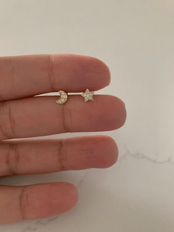 14K White Gold and Yellow Gold Tiny Moon & Star Studs Earrings, Star Earrings, Starburst White Gold Studs, 14K White Gold Earrings, Moon Earrings