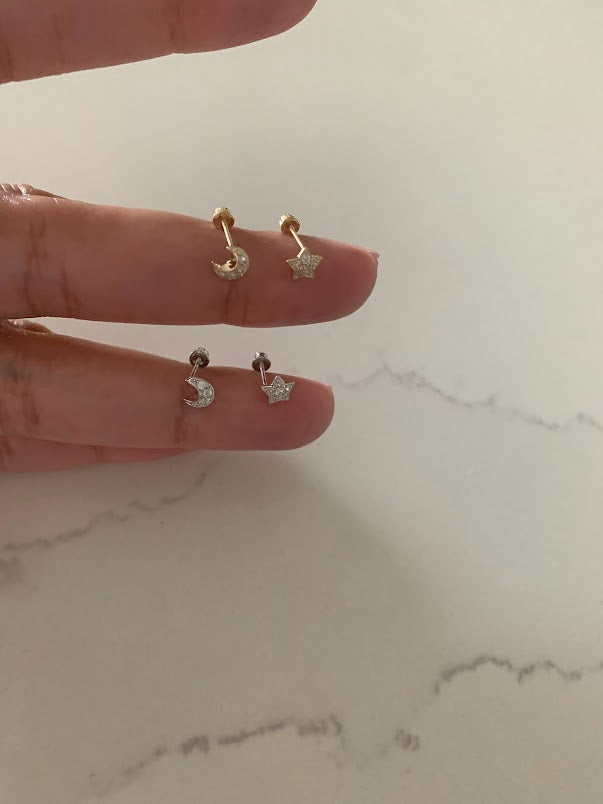 14K White Gold and Yellow Gold Tiny Moon & Star Studs Earrings, Star Earrings, Starburst White Gold Studs, 14K White Gold Earrings, Moon Earrings