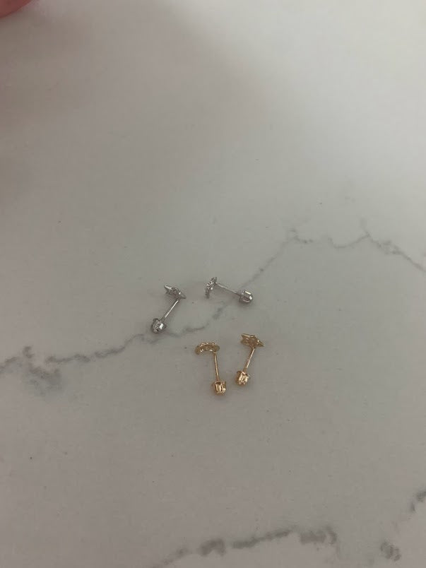 14K White Gold and Yellow Gold Tiny Moon & Star Studs Earrings, Star Earrings, Starburst White Gold Studs, 14K White Gold Earrings, Moon Earrings