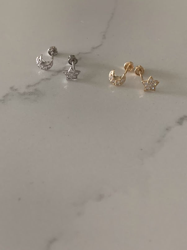 14K White Gold and Yellow Gold Tiny Moon & Star Studs Earrings, Star Earrings, Starburst White Gold Studs, 14K White Gold Earrings, Moon Earrings