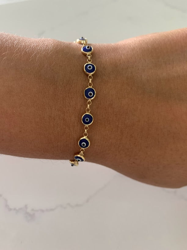 14K Gold Evil Eye Bracelet , Blue Evil Eye, 5mm Eye Diameter, 7.5" Length, Spring Ring Clasp