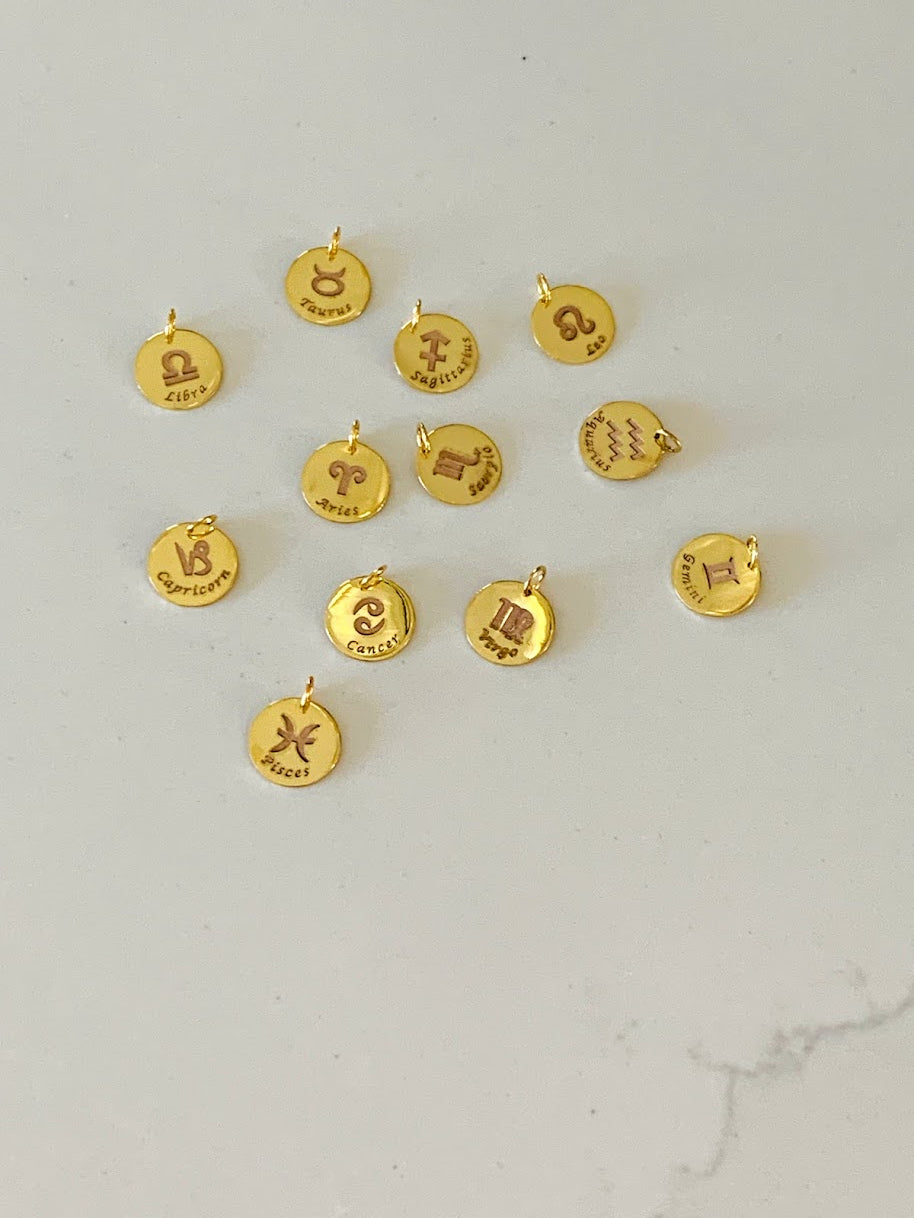 14K Gold Engraved Horoscope Sign Disc Pendant