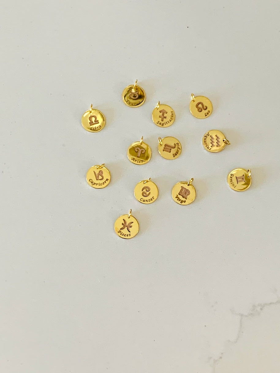 14K Gold Engraved Horoscope Sign Disc Pendant
