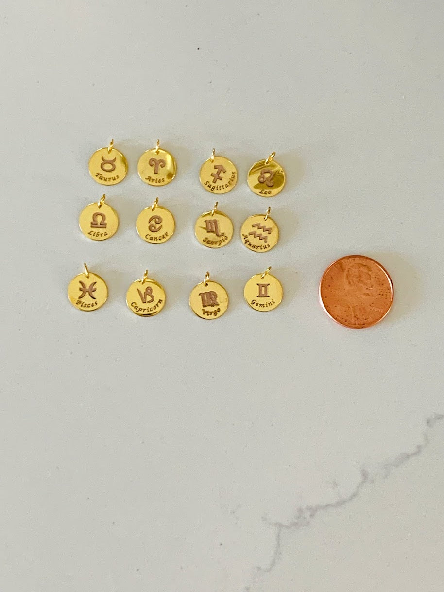 14K Gold Engraved Horoscope Sign Disc Pendant
