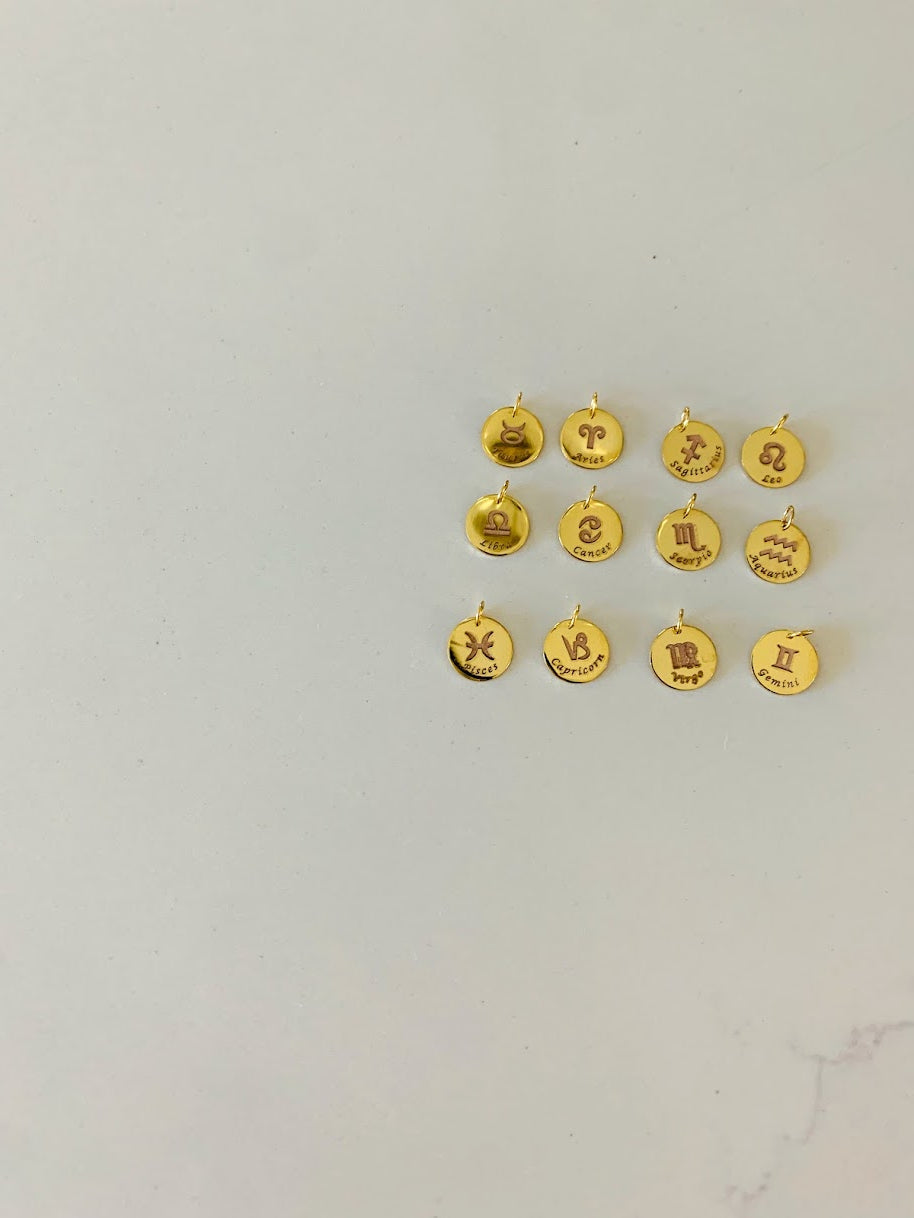 14K Gold Engraved Horoscope Sign Disc Pendant