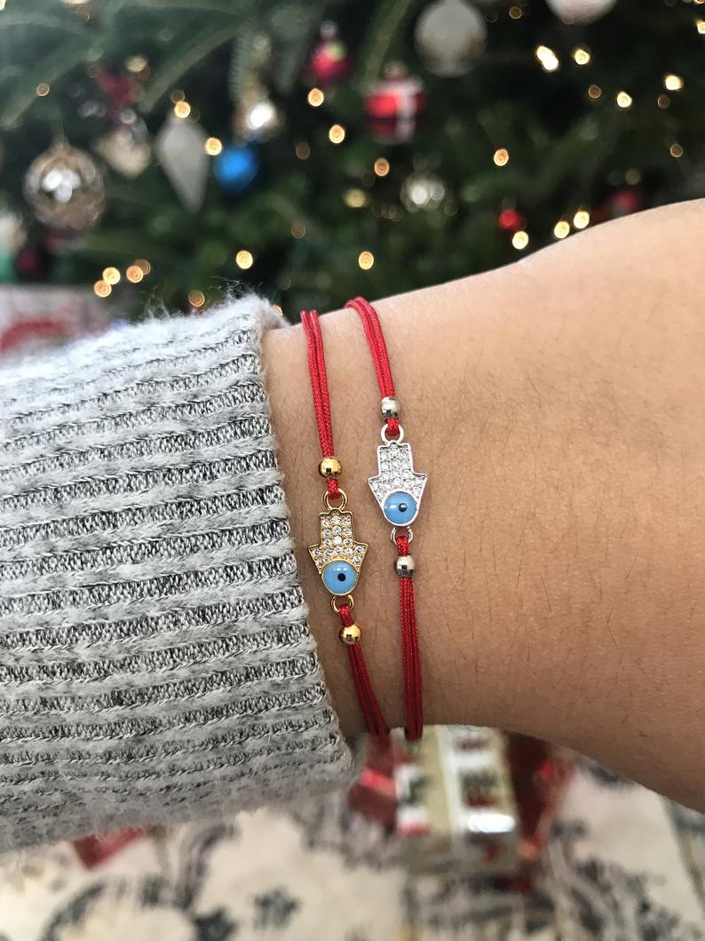 Red String Hamsa with Blue Evil Eye