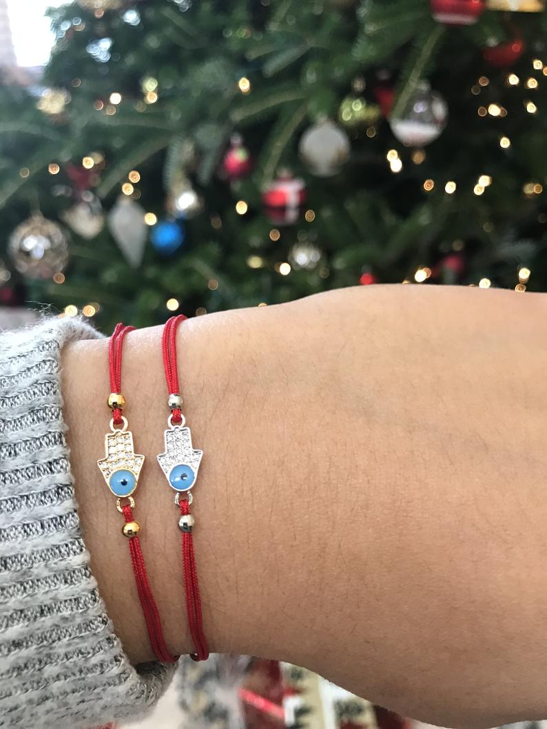 Red String Hamsa with Blue Evil Eye