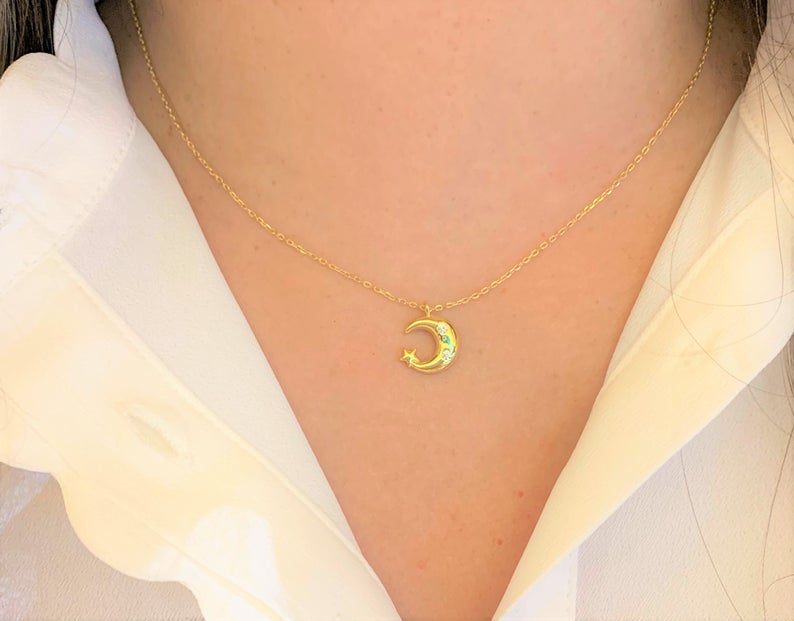 Moon Necklace, Moon ZC, Dainty Necklace, Layering Necklace, Minimalist Jewelry, Star Necklace, Crescent Moon, Gold, Silver, Sterling Silver