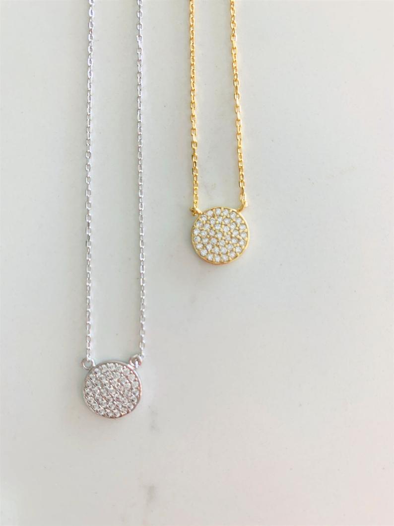 Medium Pave Disc Necklace, Silver disc necklace, CZ Disc Necklace, Pave Zircon Silver Disc Necklace, Elegant Necklace, Sterling Silver