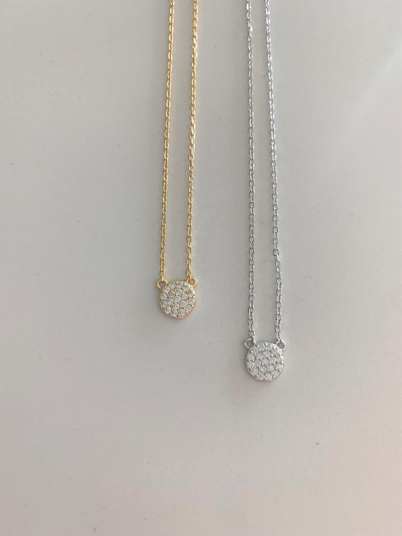 Small Pave Disc Necklace | Sterling Silver Circle necklace