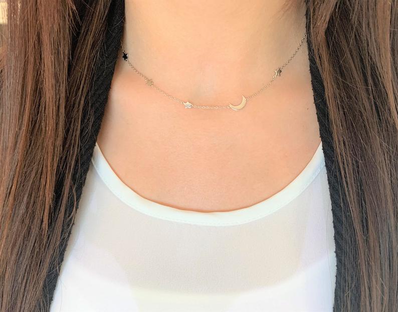High Polish Moon and Stars Necklace with extender | Layering Necklace