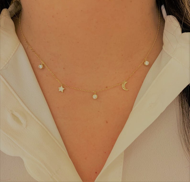 Moon and Star Necklace, Sterling Silver, Dainty Necklace, Layering Necklace, Minimalist Jewelry, Star Necklace, Crescent Moon,