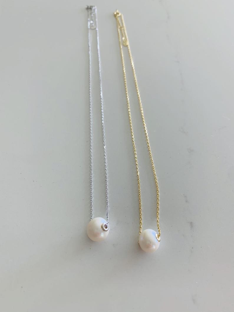 Single Pearl Necklace Sterling Silver, Gold, Bridesmaid gift, Floating pearl necklace, White pearl necklace, Wedding jewelry Bestseller