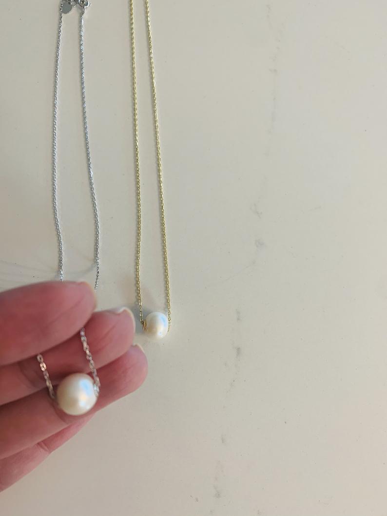 Single Pearl Necklace Sterling Silver, Gold, Bridesmaid gift, Floating pearl necklace, White pearl necklace, Wedding jewelry Bestseller