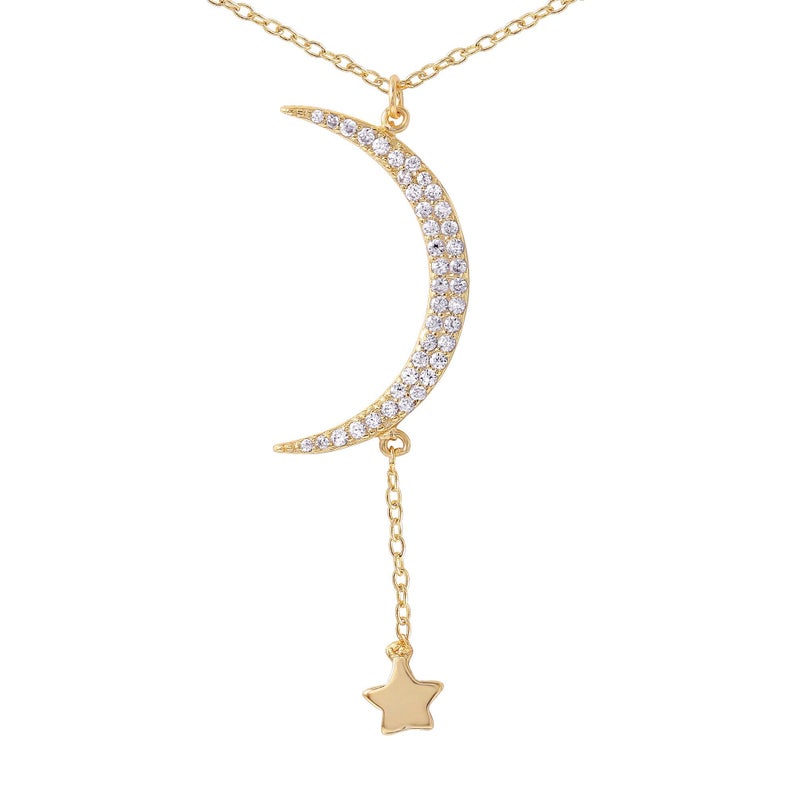 Moon and Hanging Star Necklace, Layering Necklace, Star Necklace, Crescent Moon, Gold, Silver, Sterling Silver, CZ Moon