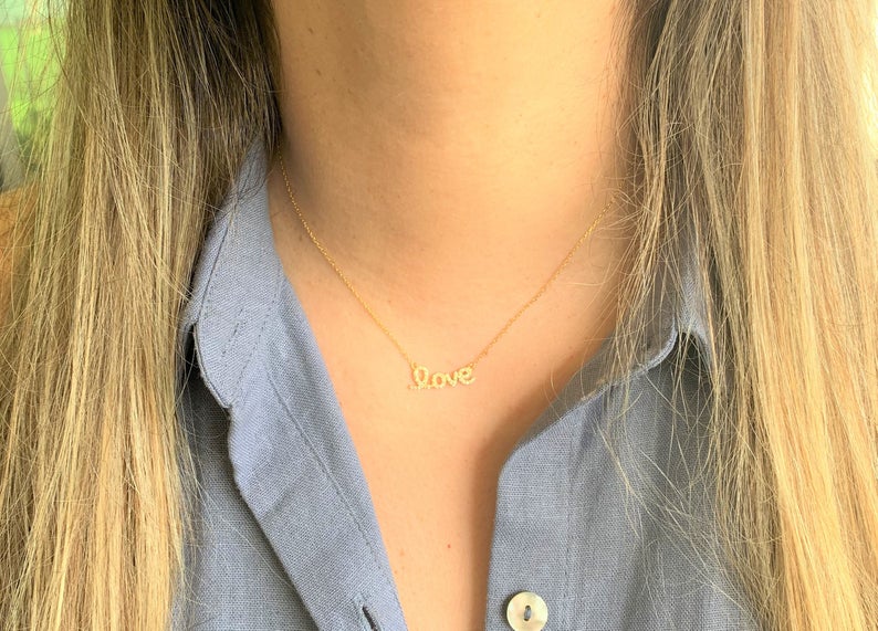Medium Love Necklace in Sterling Silver, Love, Dainty Necklace, Delicate Jewelry, Minimalist Necklace, Lover