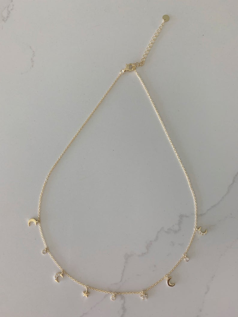 Moon and Stars Necklace, Dainty Necklace, Layering Necklace, Minimalist Jewelry, Star Necklace, Crescent Moon, Gold, Sterling Silver