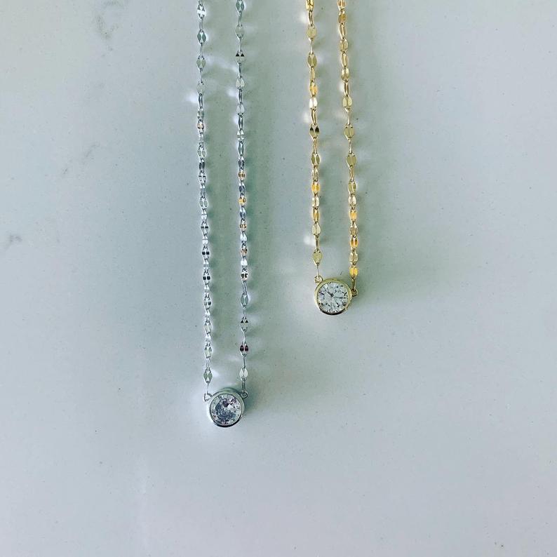 Large Solitaire Cubic Zirconia Necklace, Stacking, Mirror Chain, CZ Necklace, Gold CZ Solitaire, Everyday Necklace, Layering, Solitario