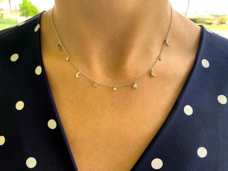 Moon and Stars Necklace, Dainty Necklace, Layering Necklace, Minimalist Jewelry, Star Necklace, Crescent Moon, Gold, Sterling Silver