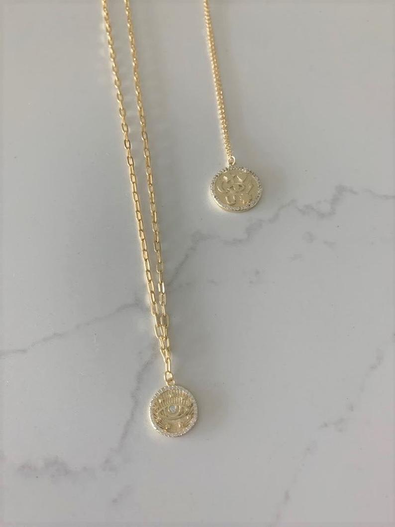 Evil Eye Disc on a Paperclip Chain in Gold Vermeil