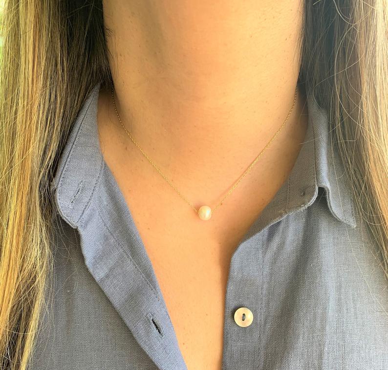 Single Pearl Necklace Sterling Silver, Gold, Bridesmaid gift, Floating pearl necklace, White pearl necklace, Wedding jewelry Bestseller