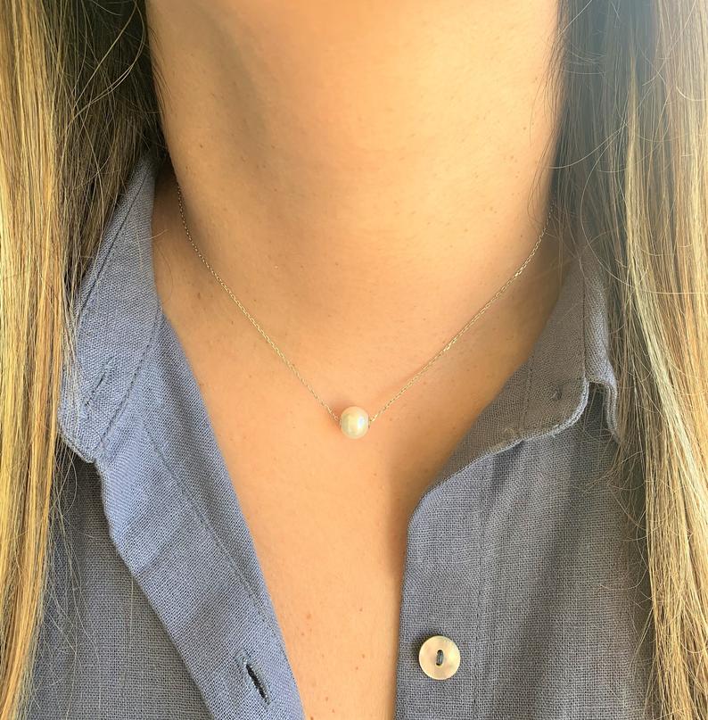 Single Pearl Necklace Sterling Silver, Gold, Bridesmaid gift, Floating pearl necklace, White pearl necklace, Wedding jewelry Bestseller