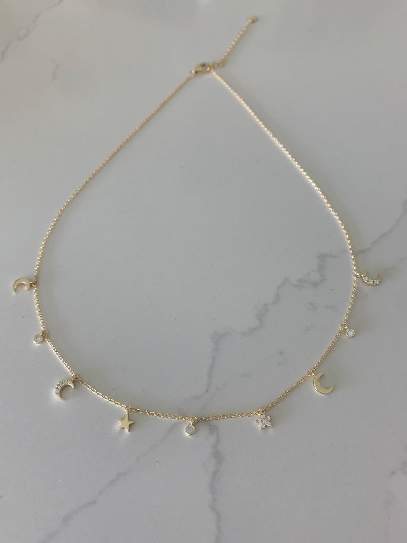 Moon and Stars Necklace, Dainty Necklace, Layering Necklace, Minimalist Jewelry, Star Necklace, Crescent Moon, Gold, Sterling Silver