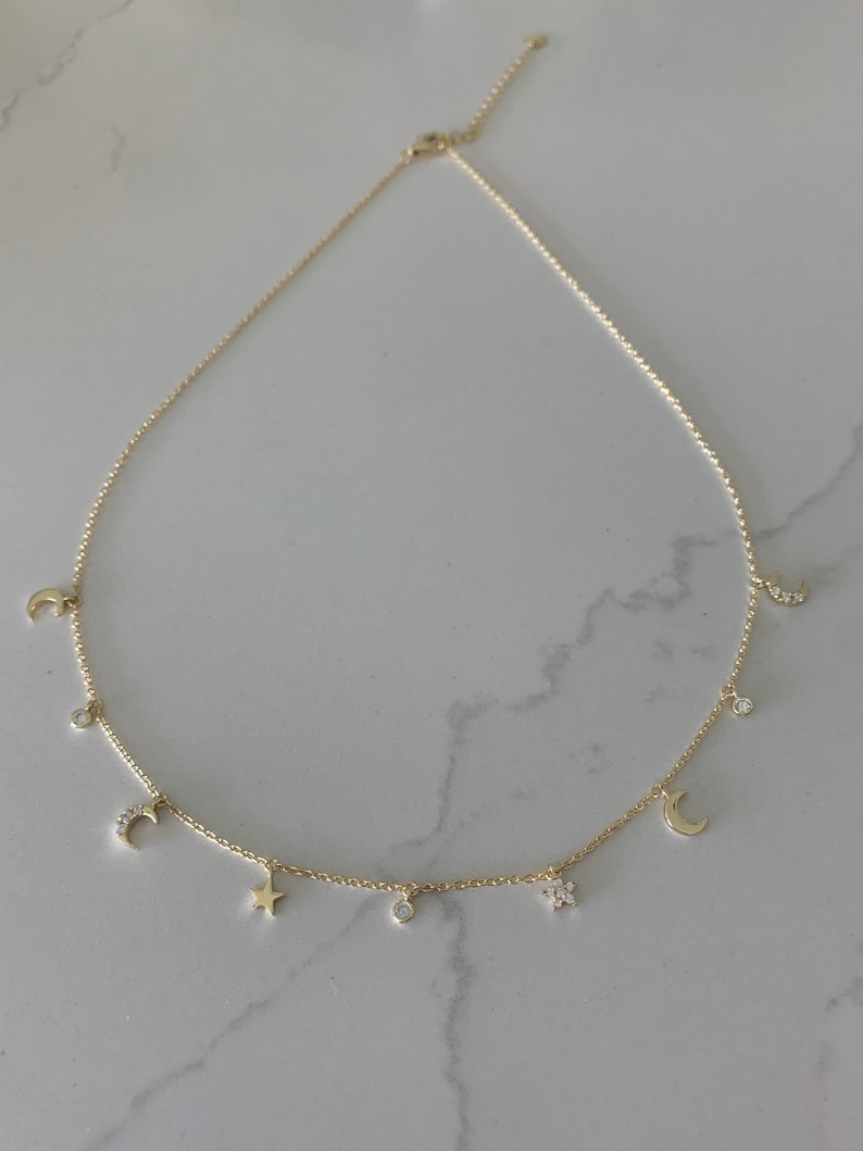 Moon and Stars Necklace, Dainty Necklace, Layering Necklace, Minimalist Jewelry, Star Necklace, Crescent Moon, Gold, Sterling Silver