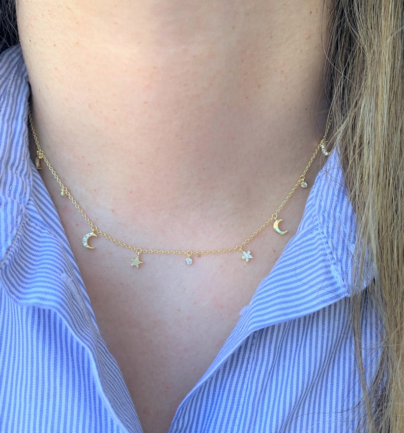 Moon and Stars Necklace, Dainty Necklace, Layering Necklace, Minimalist Jewelry, Star Necklace, Crescent Moon, Gold, Sterling Silver