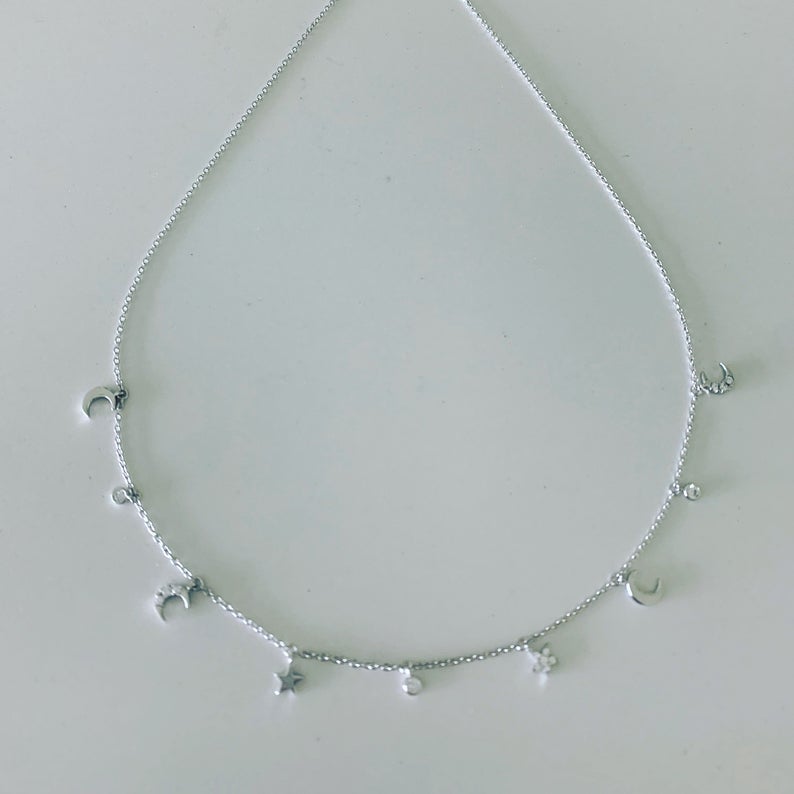 Moon and Stars Necklace, Dainty Necklace, Layering Necklace, Minimalist Jewelry, Star Necklace, Crescent Moon, Gold, Sterling Silver