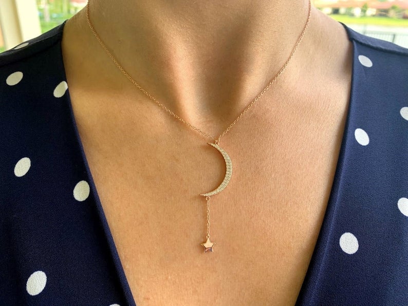 Moon and Hanging Star Necklace, Layering Necklace, Star Necklace, Crescent Moon, Gold, Silver, Sterling Silver, CZ Moon