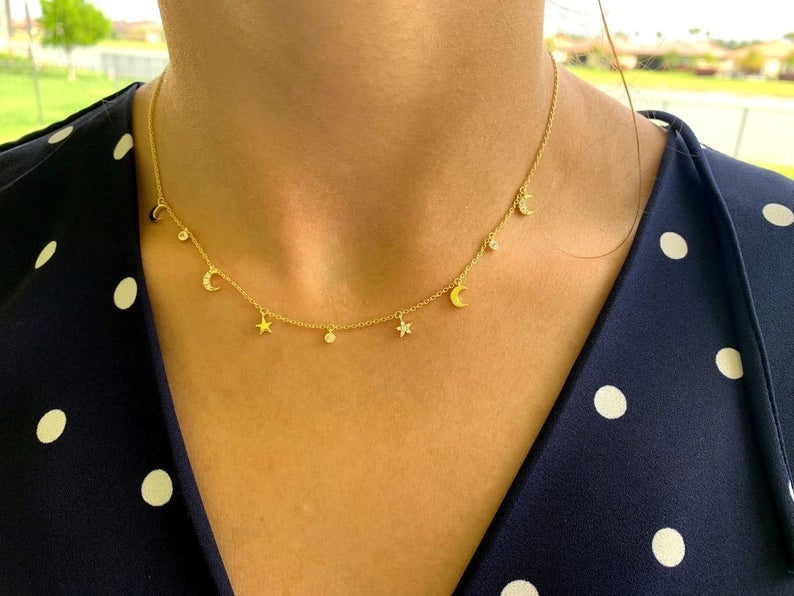 Moon and Stars Necklace, Dainty Necklace, Layering Necklace, Minimalist Jewelry, Star Necklace, Crescent Moon, Gold, Sterling Silver