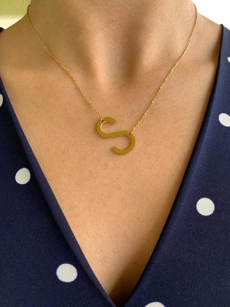 Medium Stainless Steel Initial, Medium Letter, Sideways Initial Necklace, Alphabet Necklace, Initials, Stainless Steel