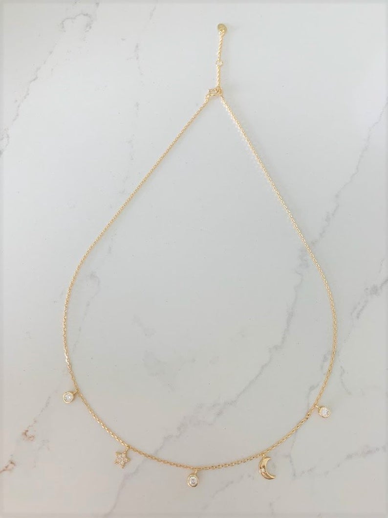 Moon and Star Necklace, Sterling Silver, Dainty Necklace, Layering Necklace, Minimalist Jewelry, Star Necklace, Crescent Moon,