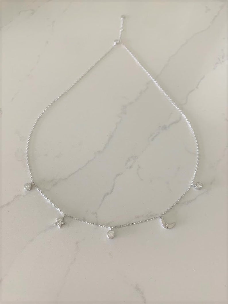 Moon and Star Necklace, Sterling Silver, Dainty Necklace, Layering Necklace, Minimalist Jewelry, Star Necklace, Crescent Moon,
