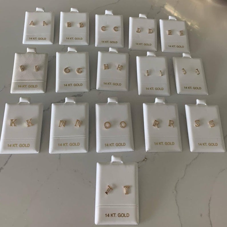 14K Yellow Solid Gold Initial Studs with CZs